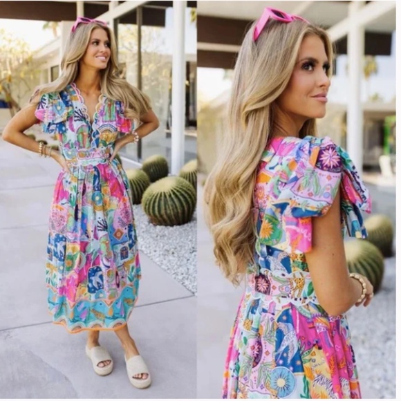 J.Marie Dresses & Skirts - J. Marie Sloane Zodiac Celestial Print Bow Sleeve V-Neck Dress Nwt